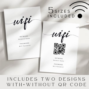 以下が含まれることがあります： QRコード付きと無し、2つの印刷可能なWi-Fiパスワードカード。どちらも、黒と白のデザインで、