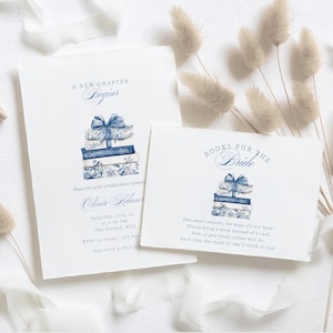 May include: A white bridal shower invitation and matching card set featuring blue watercolor illustrations of stacked books tied with a bow. The text reads A NEW CHAPTER BEGINS, Olivia Adams, and BOOKS FOR THE BRIDE with event details.