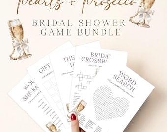May include: A bridal shower game bundle featuring printed cards with the text Pearls + Prosecco and Bridal Shower Game Bundle. The cards include word search, crossword, and gift bingo games, decorated with watercolor illustrations of champagne flutes.