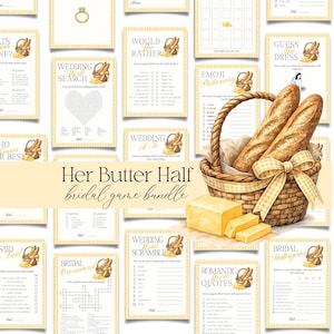 Può includere: Una collezione di carte da gioco a tema matrimonio con un cestino di pane e burro. Le carte hanno un bordo a quadretti gialli e includono giochi come "Would You Rather" e "Wedding Word Search". Il testo "Her Butter Half bridal game bundle" è visualizzato.