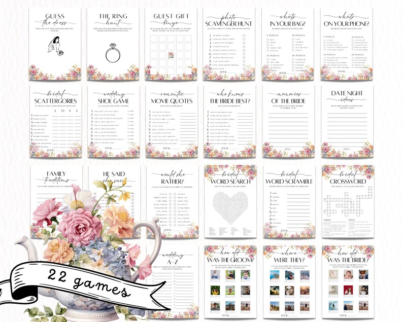 Wildflower Tea Party Bridal Shower Invitation Bundle, Time For Tea With Bride To Be Invitation, Floral Tea Pot Bridal Shower Games Sign afbeelding 7
