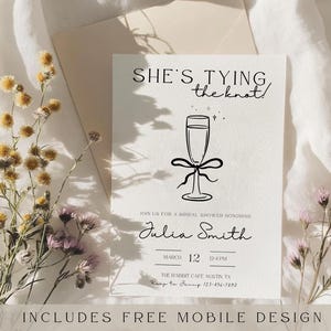 She&#39;s Tying the Knot Bridal Shower Invitation, Bow Bridal Invitation Email Itinerary,  Minimalist Bridal Champagne Bridal Brunch Weekend
