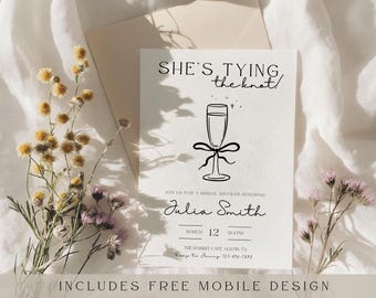 She&#39;s Tying the Knot Bridal Shower Invitation, Bow Bridal Invitation Email Itinerary,  Minimalist Bridal Champagne Bridal Brunch Weekend