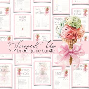 May include: A collection of bridal shower game cards featuring a pink gingham border and a watercolor illustration of a waffle cone with three scoops of ice cream tied with a large pink ribbon. The text reads Scooped Up bridal game bundle.
