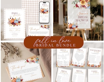 Paquete de despedida de soltera "Enamórate", juegos florales de otoño para la novia, invitación de despedida de soltera con calabazas de otoño, crucigrama de bingo nupcial "¿Dónde estaban?".