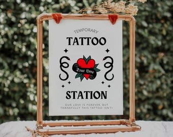 Plantilla de letrero de boda, letrero de tatuaje temporal, letrero de tatuaje de boda moderno, letrero de tatuaje de boda, actividades únicas para invitados a la boda