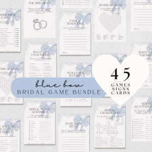 She Is Tying The Knot Bridal Shower Games Bundle, Dusty Blue Bow Bachelorette Hens Party, Bridal Crossword, Hand Drawn Something Blue Pack