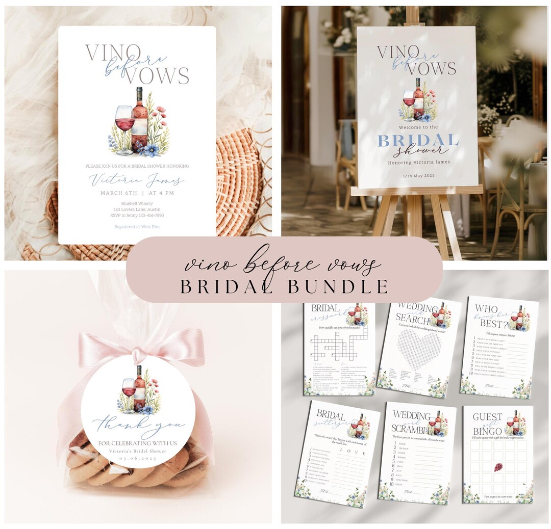 Vino Before Vows Bridal Shower Bundle, Wine Bridal Invitation Welcome ...