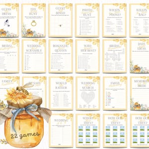 May include: A collection of 22 printable wedding games with a bee and honey theme. Each game card has a yellow border and includes titles like "Guess Dress", "Wedding Scramble", and "Photo Hunt". A jar of honey with a sunflower and the text "22 games" is also featured.