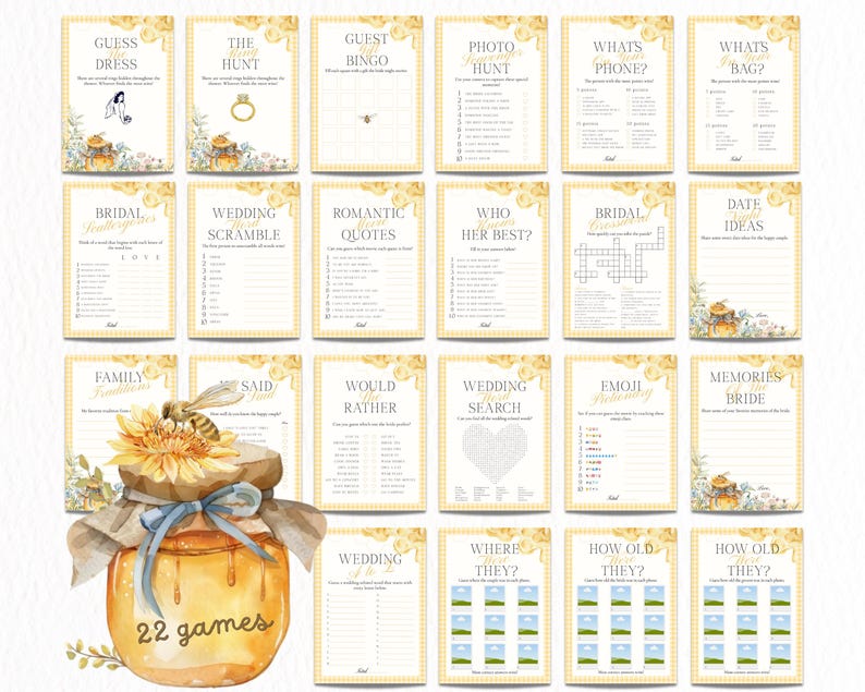 May include: A collection of 22 printable wedding games with a bee and honey theme. Each game card has a yellow border and includes titles like "Guess Dress", "Wedding Scramble", and "Photo Hunt". A jar of honey with a sunflower and the text "22 games" is also featured.