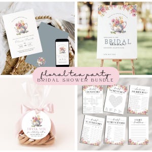 May include: A bridal shower bundle with a floral tea party theme. The image shows invitations, a welcome sign, games, and favor tags. The design includes a teapot with flowers and the text "floral tea party".