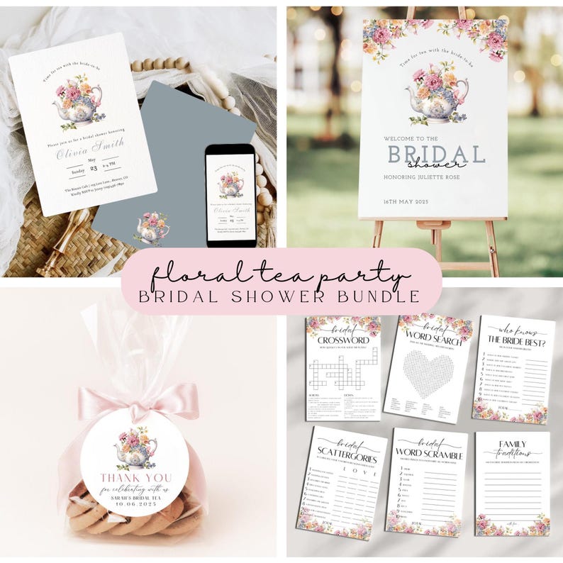 Op de afbeelding: Een bruidsdouchepakket met een bloemig theefeestthema. De afbeelding toont uitnodigingen, een welkomstbord, spelletjes en bedanklabels. Het ontwerp bevat een theepot met bloemen en de tekst "floral tea party".