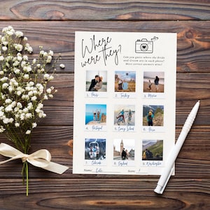 Puede incluir: Una tarjeta de juego de boda titulada Where were they? con nueve cuadrados de fotos numerados y ubicaciones escritas debajo de cada uno. La tarjeta incluye un icono de cámara, instrucciones y líneas para el nombre y la puntuación. Un bolígrafo blanco descansa a la derecha.
