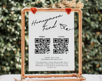 Placa com código QR para fundo de lua de mel, placa para lista de presentes de casamento, placa moderna para casamento com código QR do Venmo, modelo editável de placa minimalista para casamento no Canva.