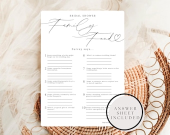 Family Feud Bridal Shower Game Answer Sheet, Minimalist Bridal Shower Printable Game, Download Bach Party Game Template, Guest Table Games
