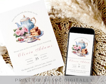 Time For Tea With The Bride To Be Invitation Template, Printable Tea Party Bridal Shower Invitation, Pink Floral Bridal Shower Party Invite