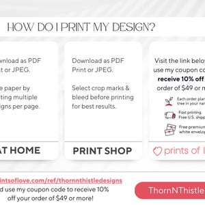 K&ouml;nnte beinhalten: Eine wei&szlig;e Grafik mit dem Text &bdquo;WIE DRUCKE ICH MEIN DESIGN?&ldquo; und Anweisungen zum Drucken zu Hause und in einer Druckerei. Das Bild enth&auml;lt auch einen Gutscheincode f&uuml;r 10 % Rabatt auf Bestellungen ab 49 &euro;.