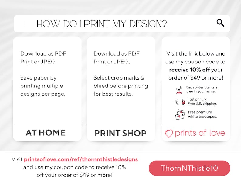 K&ouml;nnte beinhalten: Eine wei&szlig;e Grafik mit dem Text &bdquo;WIE DRUCKE ICH MEIN DESIGN?&ldquo; und Anweisungen zum Drucken zu Hause und in einer Druckerei. Das Bild enth&auml;lt auch einen Gutscheincode f&uuml;r 10 % Rabatt auf Bestellungen ab 49 &euro;.