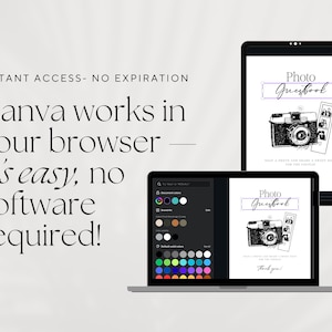 May include: A digital design displayed on a laptop and tablet. The design features a camera illustration and the words "Photo Guestbook." The text "Canva works in your browser" is also visible.