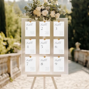Modèle de plan de table de mariage, mariage minimaliste moderne, Table pour table miroir modèle de carte, trouvez votre siège, numéros de table imprimables en toile