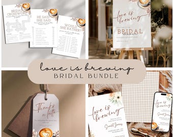 Puede incluir: Un conjunto de papelería nupcial con temática de café. Incluye juegos, un letrero de bienvenida, etiquetas de regalo y tarjetas de invitación. El diseño presenta la frase "love is brewing" y arte de café. Ideal para una despedida de soltera.