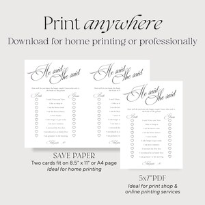 Puede incluir: Una tarjeta de juego de boda digital titulada He said She said con texto negro sobre fondo blanco. La tarjeta presenta una lista de afirmaciones con casillas de verificaci&oacute;n en forma de coraz&oacute;n para Bride y Groom. El texto incluye Print anywhere, Download for home printing or professionally, SAVE PAPER, Two cards fit on 8.5 x 11 or A4 page y 5x7 PDF.