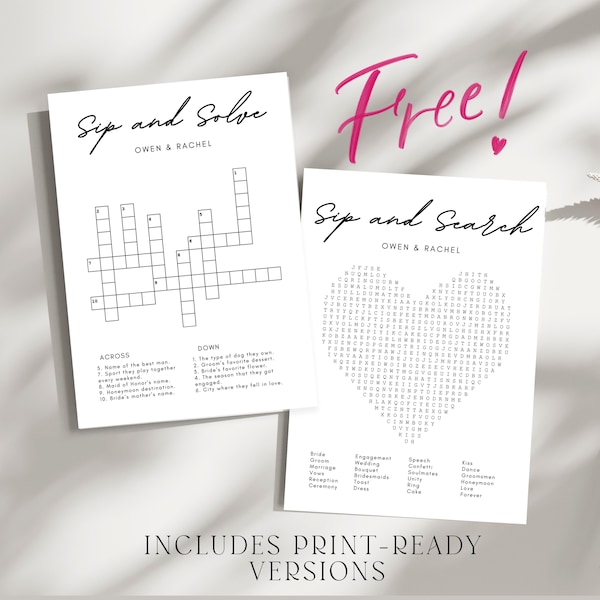 Custom Wedding Crossword Puzzle Word Search, Sip & Solve Puzzle Template, Editable Bridal Party Wedding Game, Engagement Shower Puzzle Game