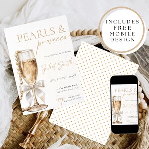 Invitación de despedida de soltera con perlas y prosecco, imprimible, minimalista, con itinerario, brunch nupcial con champán y fin de semana.
