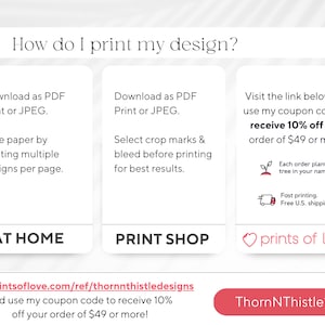 May include: Informational graphic with the question "How do I print my design?" and instructions for printing at home and at a print shop. Includes a coupon code for 10% off orders of $49 or more.