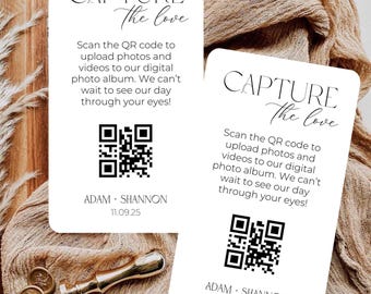 Tarjeta de boda con código QR "Captura el amor", tarjeta fotográfica de boda minimalista moderna, tarjetas imprimibles y editables para compartir el amor, plantilla de código QR de Canva