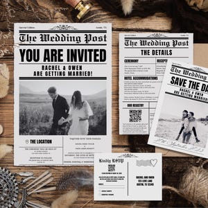 Wedding newspaper invitation bundle featuring a newspaper wedding invitation stationary set, minimalist wedding stationary, customizable newspaper invitation template, wedding details card, QR code RSVP card, save the date bundle.