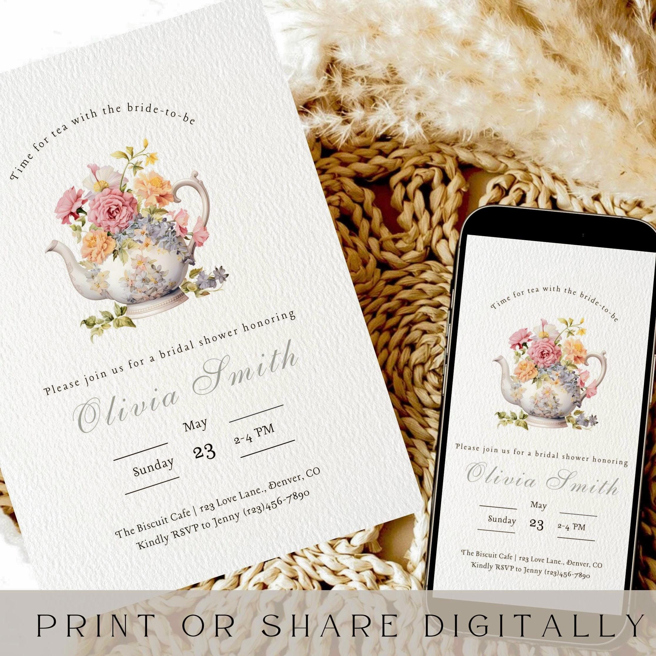 Wildflower Tea Party Bridal Shower Invitation, Time For Tea With Bride To Be Invitation Template, Floral Blue Tea Pot Party Bridal Shower