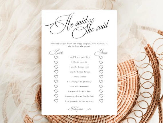 He Said She Said Bridal Shower Game Template, Printable Interactive Wedding Guest Games, Guess Who Said It Bride or Groom Wedding Table Game