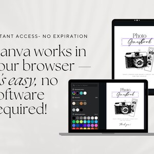 Puede incluir: Una plantilla digital para un libro de visitas con fotos mostrada en la pantalla de una computadora port&aacute;til y una tableta. El dise&ntilde;o presenta una ilustraci&oacute;n de c&aacute;mara y el texto Photo Guestbook. La pantalla muestra un men&uacute; de paleta.