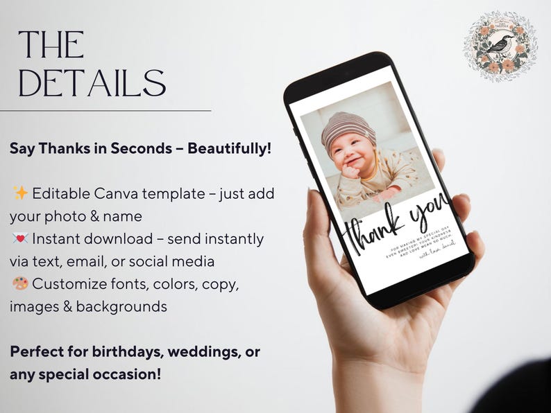 May include: A smartphone displays a digital thank you card featuring a baby's photo. The card has the words "Thank you" in elegant script. The phone is held in a hand against a white background. The image is for a digital template.