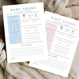 Carte de prédictions de bébé, jeu de prédictions de bébé rose bleu vert, modèle de carte personnalisé de conseils pour le jeu de douche de prédiction de sexe neutre entre les sexes