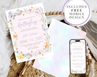 Butterfly Bridal Shower Invitation Bundle, Lifetime of Butterflies Bridal Shower, Printable Bridal Invite, Floral Spring Bridal Shower Canva
