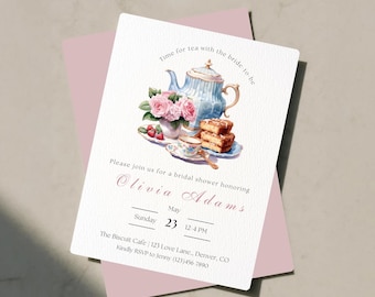 Time For Tea With The Bride To Be Invitation Template, Printable Tea Party Bridal Shower Invitation, Pink Floral Bridal Shower Party Invite
