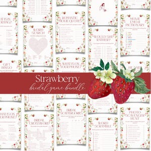 Strawberry Bridal Shower Games Bundle, Berry in Love, Red berries Bridal Shower Editable Games, Where Were They Bridal Gift Bingo Canva