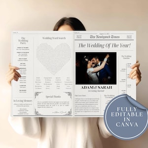 Può includere: Un design di giornale di nozze in bianco e nero con il titolo "The Wedding Of The Year!" e i nomi "Adam & Sarah". Il design include una ricerca di parole a forma di cuore e una foto della coppia. Il testo "Fully Editable in Canva" è visibile.