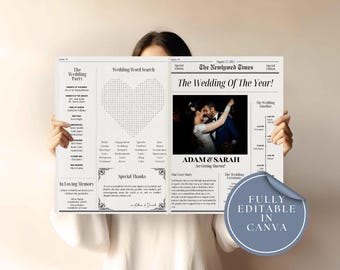Newspaper Wedding Program Template, Editable Wedding Newspaper Program, Printable Wedding Keepsake, Folded Wedding Day Program, Crossword