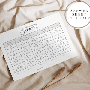 Bridal Shower Jeopardy, Printable Jeopardy Game, Minimalist Bridal Shower Games, Wedding Table Games, Editable Engagement Party Games Canva