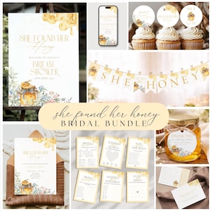 May include: A bridal shower bundle with a honeybee theme. Includes a welcome sign, invitations, cupcake toppers, a banner, games, and a jar of honey. The text "She Found Her Honey" is featured throughout the design, with floral and honeycomb accents.