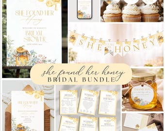 Op de afbeelding: Een bruidsfeestpakket met een honingbijenthema. Inclusief een welkomstbord, uitnodigingen, cupcake toppers, een banner, spelletjes en een pot honing. De tekst "She Found Her Honey" is voorzien van bloemen- en honingraataccenten.