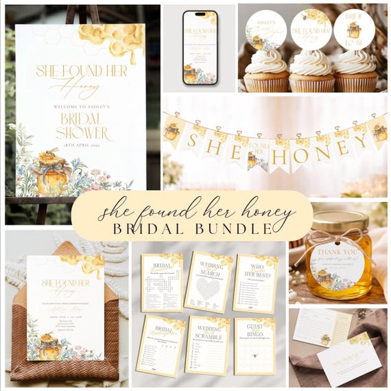 She Found Her Honey Bridal Shower Bundle, Bride to Bee Invitation Suite, Editable Meant To Bee Games, Printable Floral Yellow Bridal Decor