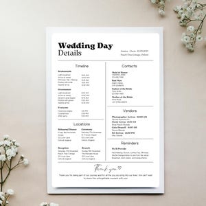 Modèle de chronologie du jour du mariage, chronologie du week-end mariage modifiable, chronologie de la réception, carte d'événements de mariage sac de bienvenue calendrier des événements