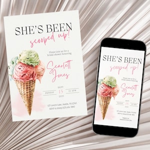 She&#39;s Been Scooped Up Bridal Shower Invitation, Pink Ice Cream Bridal Shower Invitation Template Canva, Digital Bridal Shower Invite Canva