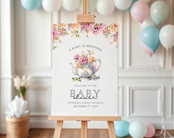 Tea Party Baby Shower Welcome Sign, A Baby Is Brewing Sign, Floral Tea Party Printable Baby Shower Poster, Baby Shower Welcome Sign Canva