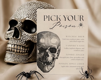 Plantilla de menú de bar "Elige tu veneno" para Halloween, letrero de bebida gótico imprimible, lista de cócteles editable con calavera espeluznante, Canva instantáneo
