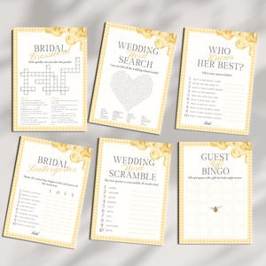 May include: A collection of six printable bridal shower games on cream-colored paper with a yellow gingham border and floral accents. Games include a crossword, word search, and bingo.